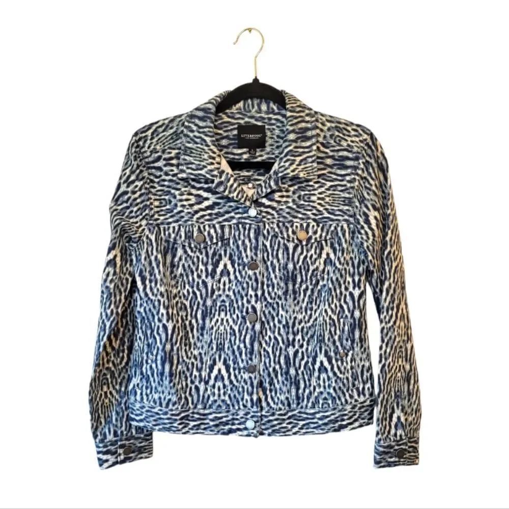Liverpool Blue Leopard Print Denim Trucker Jacket Women's Size S